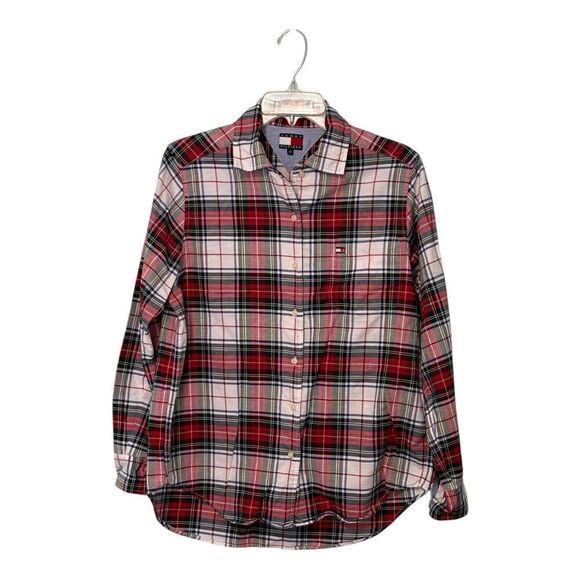 Tommy Hilfiger Tops - Tommy Hilfiger Shirt Womens L (10) Red White Blue Plaid Cotton Button Up Classic